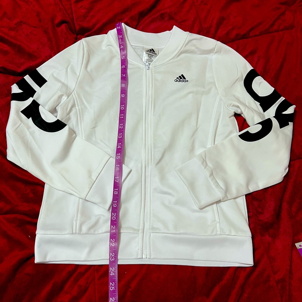 Adidas girls bomber jacket white with black logo size X Large (16)